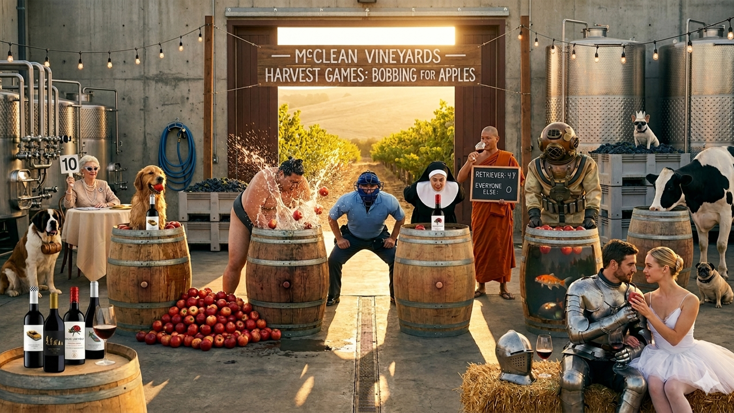The McClean Vineyards Harvest Games bobbing for apples competition on a winery crush pad with stainless steel tanks and bins of harvested grapes: a soaked golden retriever stands beside his huge pile of won apples, a sumo wrestler plunges into a barrel mid-splash, a nun competes with perfect form, a deep-sea diver stares into a barrel where a koi swims among the apples, a baseball umpire officiates, a monk holds a scoreboard reading Retriever 47 Everyone Else 0, a grandmother judge holds up a 10, a knight and ballerina share an apple, and a Holstein cow drinks from the last barrel.